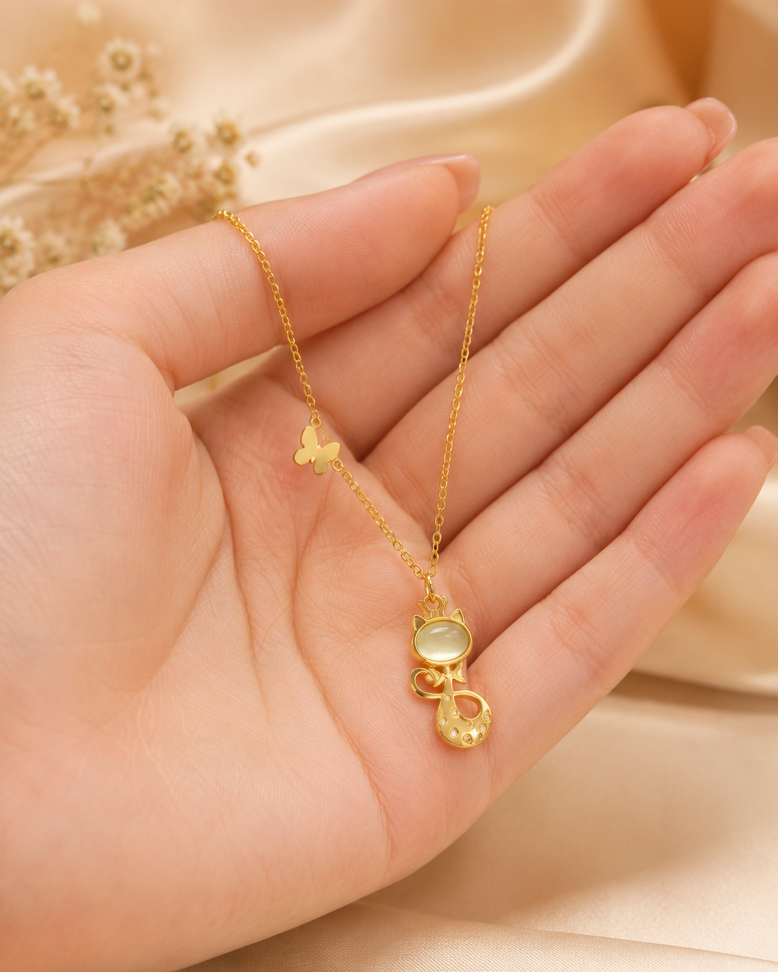 Gold-Tone Crystal Cat Pendant Necklace with Butterfly Charm for Women