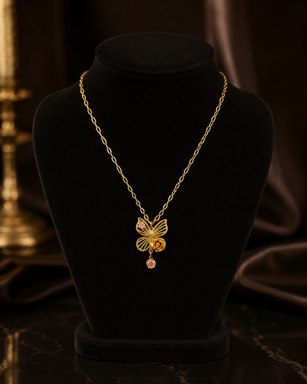 Gold-Tone Butterfly and Rose Pendant Necklace with Pink Stone Accents for Women
