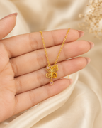 Gold-Tone Butterfly and Rose Pendant Necklace with Pink Stone Accents for Women