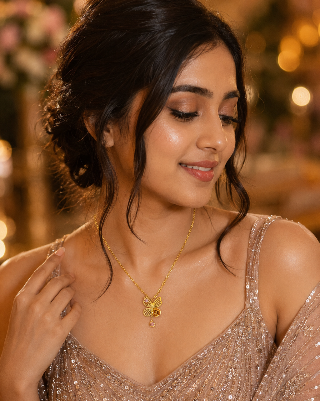 Gold-Tone Butterfly and Rose Pendant Necklace with Pink Stone Accents for Women