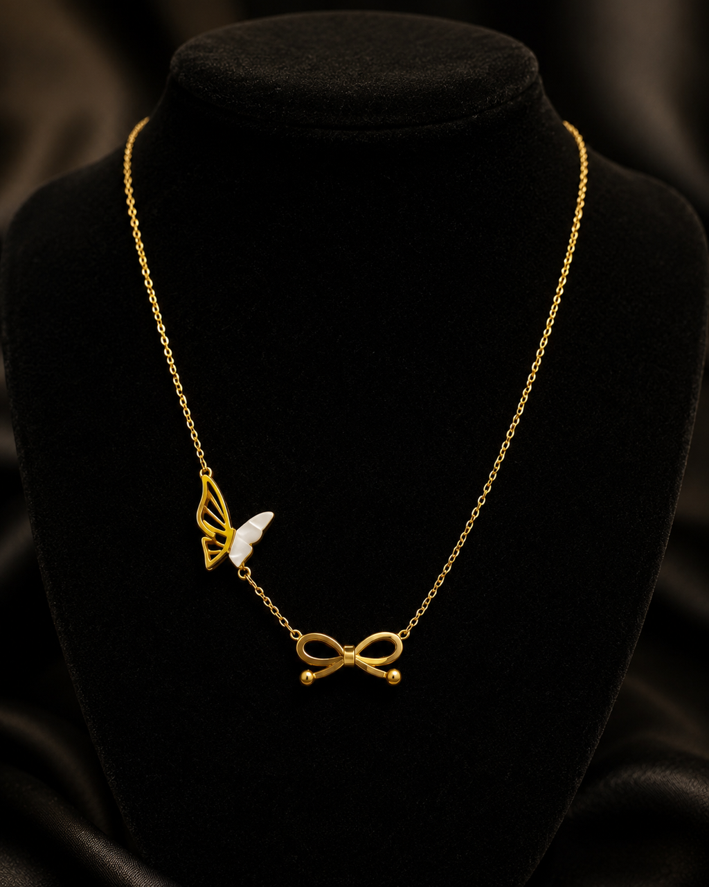 Gold-Tone Butterfly and Bow Charm Necklace with White Accent for Women
