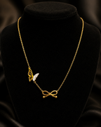 Gold-Tone Butterfly and Bow Charm Necklace with White Accent for Women