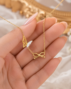 Gold-Tone Butterfly and Bow Charm Necklace with White Accent for Women