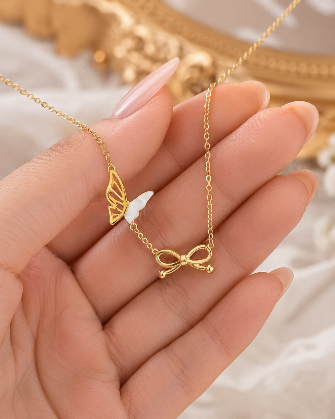 Gold-Tone Butterfly and Bow Charm Necklace with White Accent for Women