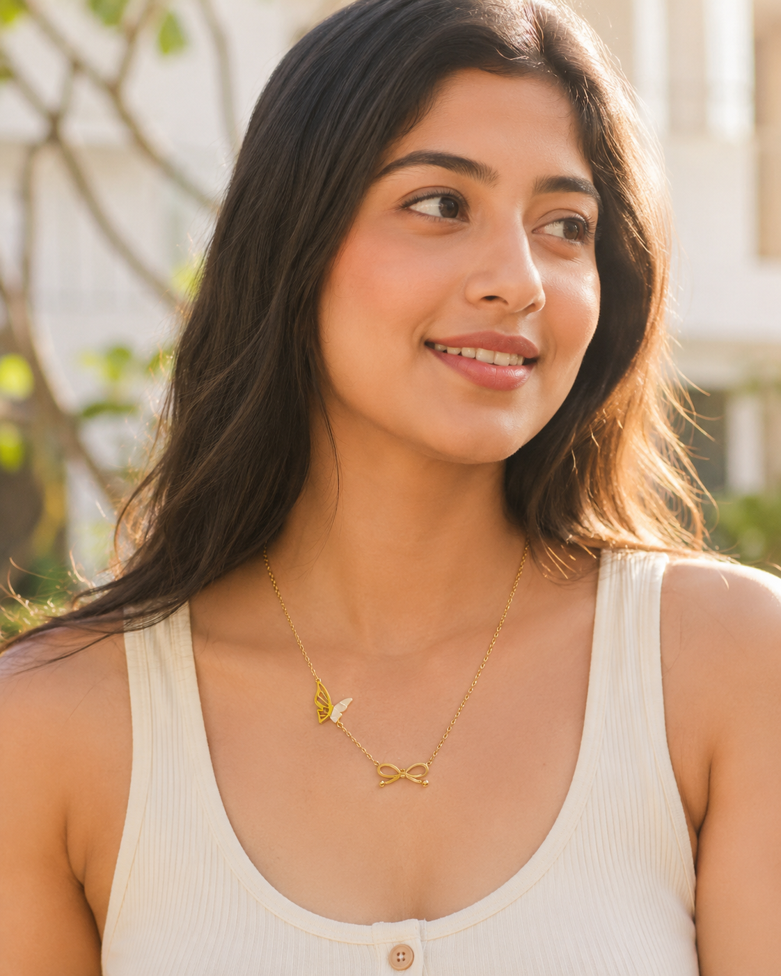 Gold-Tone Butterfly and Bow Charm Necklace with White Accent for Women