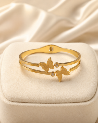 Textured Butterfly & Crystal Double-Band Gold-Plated Kada