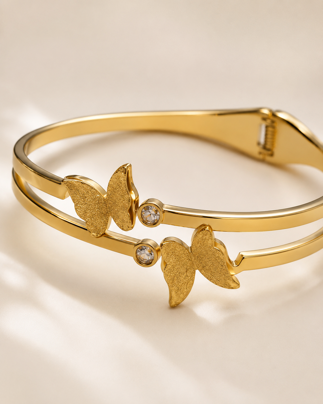 Textured Butterfly & Crystal Double-Band Gold-Plated Kada