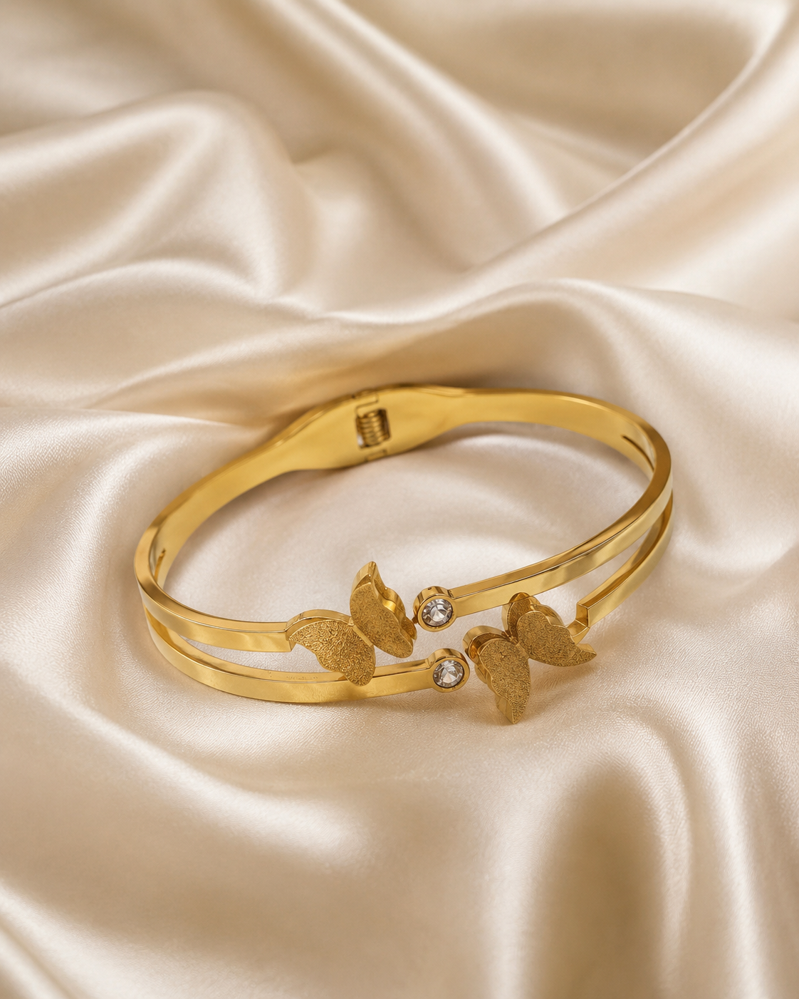 Textured Butterfly & Crystal Double-Band Gold-Plated Kada