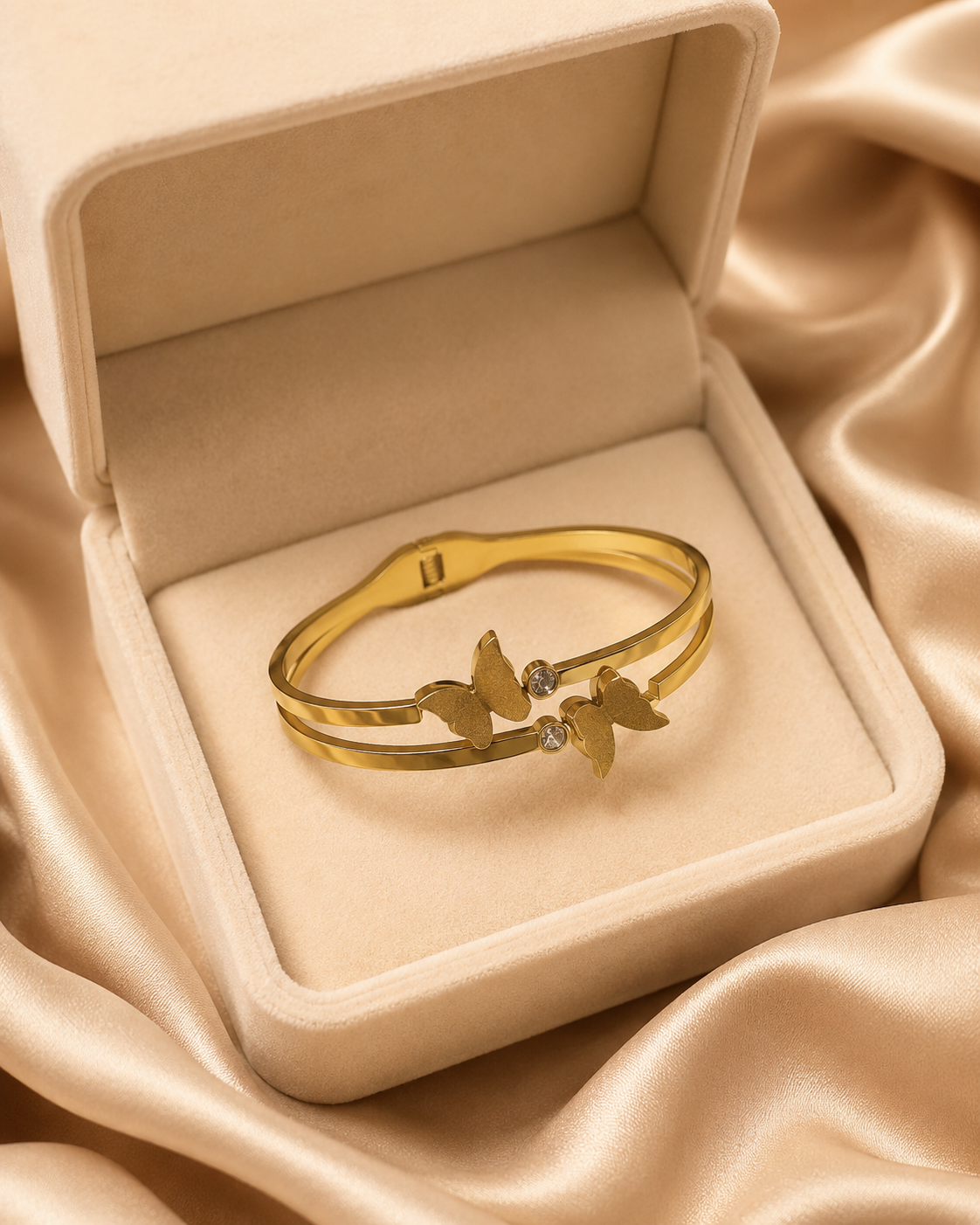 Textured Butterfly & Crystal Double-Band Gold-Plated Kada