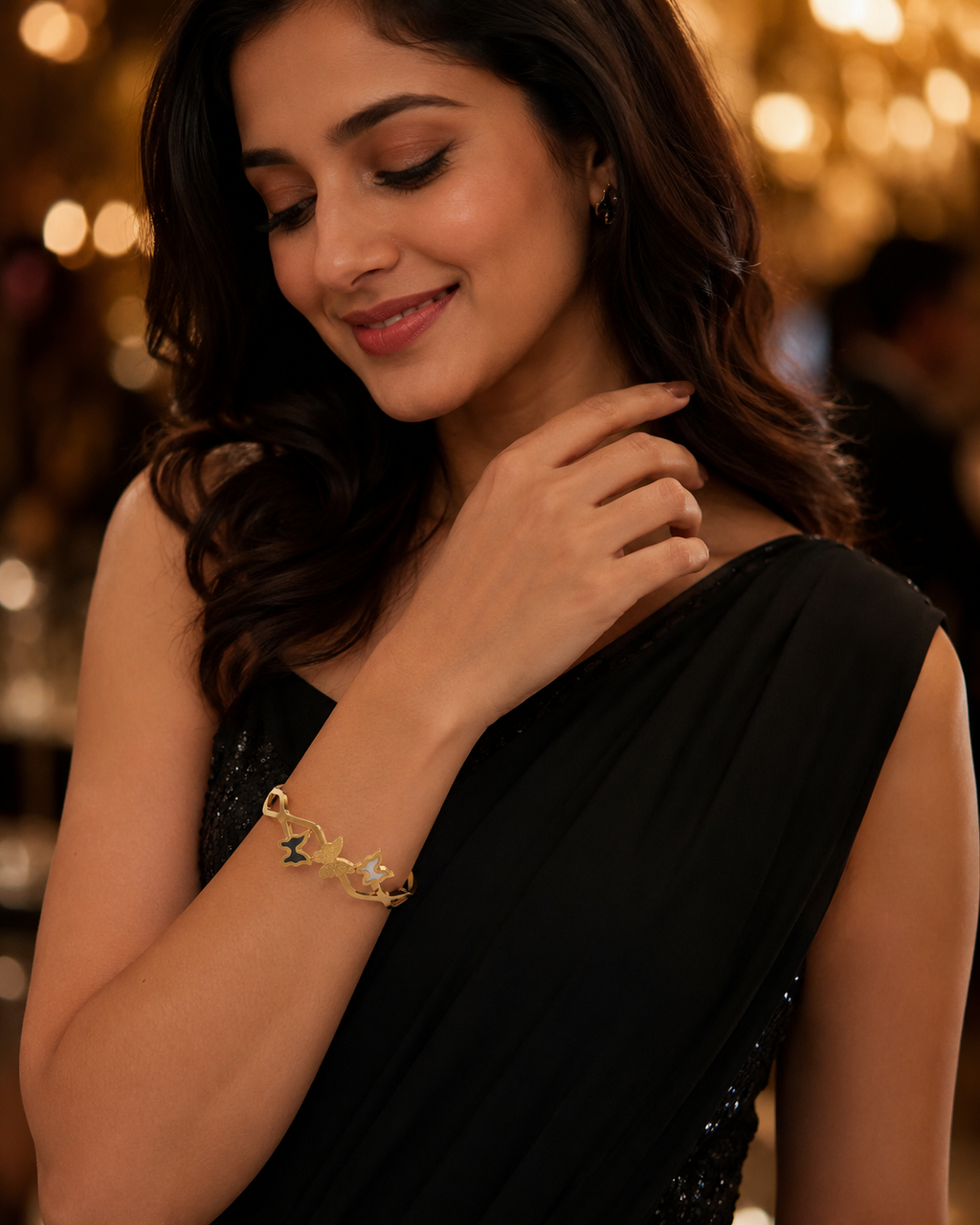 Triple Butterfly Inlay Wave-Band Gold-Plated Kada