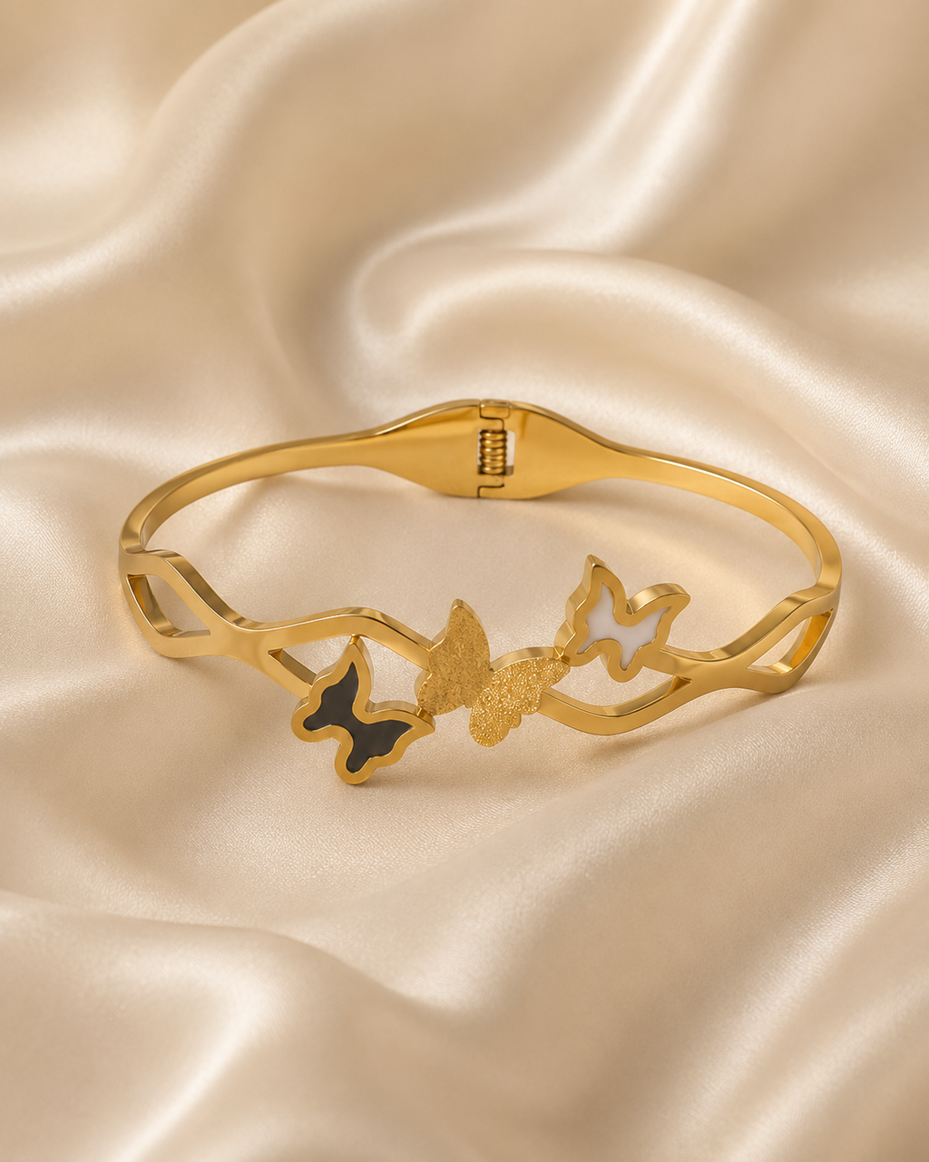 Triple Butterfly Inlay Wave-Band Gold-Plated Kada