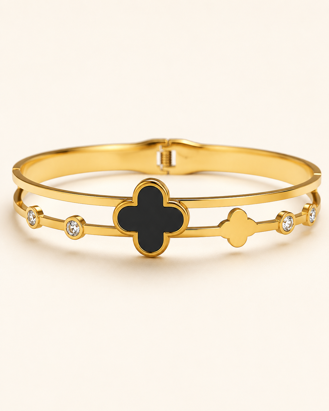 Black Clover & Crystal Double-Band Gold-Plated Kada