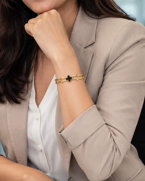 Black Clover & Crystal Double-Band Gold-Plated Kada