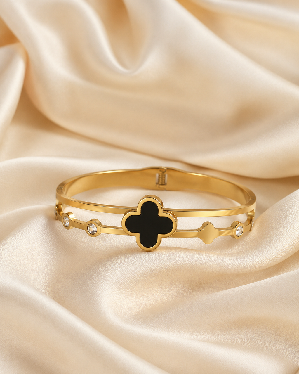 Black Clover & Crystal Double-Band Gold-Plated Kada