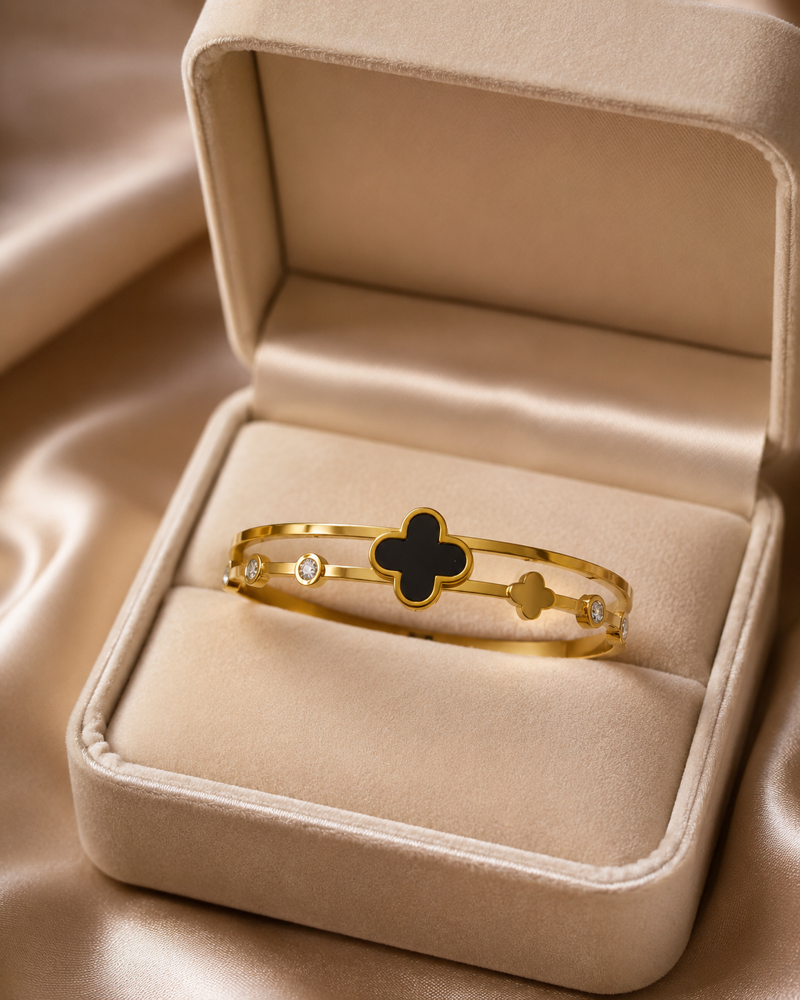 Black Clover & Crystal Double-Band Gold-Plated Kada