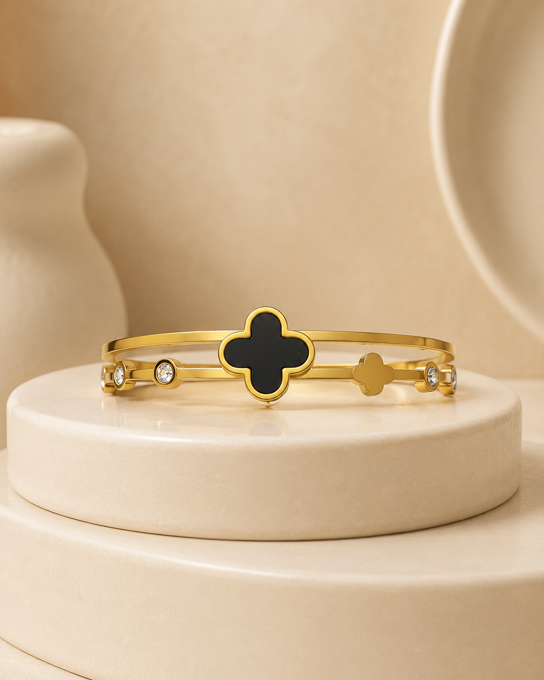 Black Clover & Crystal Double-Band Gold-Plated Kada