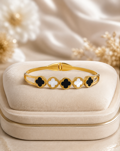 Black & White Clover Medallion Gold-Plated Kada