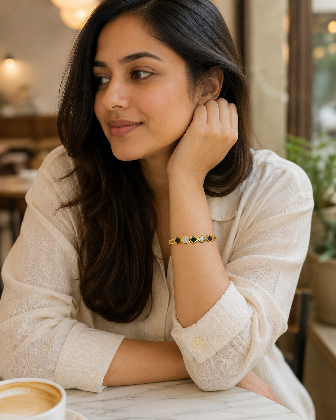 Black & White Clover Medallion Gold-Plated Kada