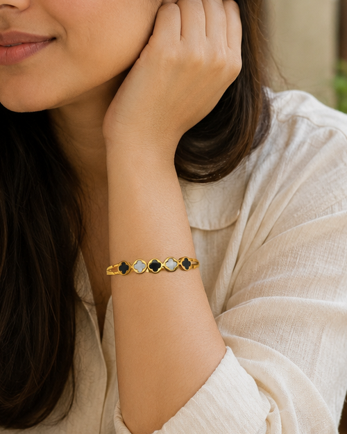 Black & White Clover Medallion Gold-Plated Kada