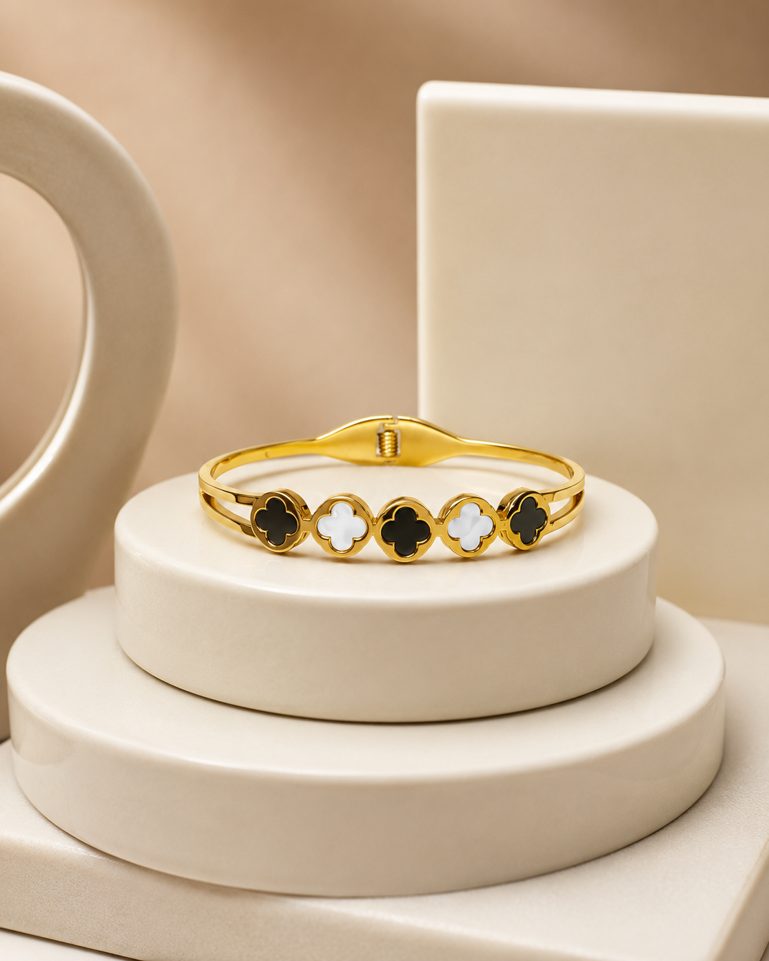 Black & White Clover Medallion Gold-Plated Kada