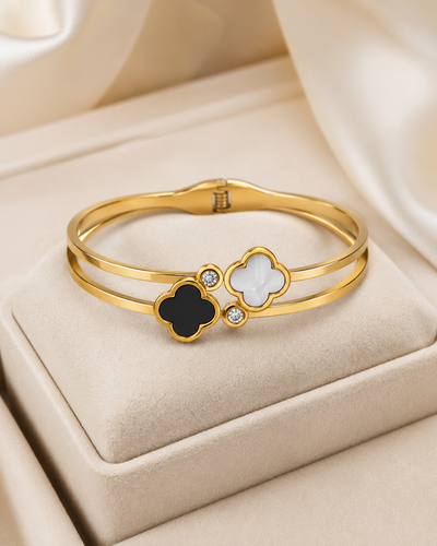 Black & White Clover Crystal Double-Band Gold-Plated Kada