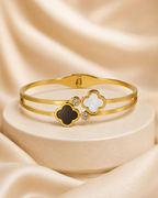 Black & White Clover Crystal Double-Band Gold-Plated Kada