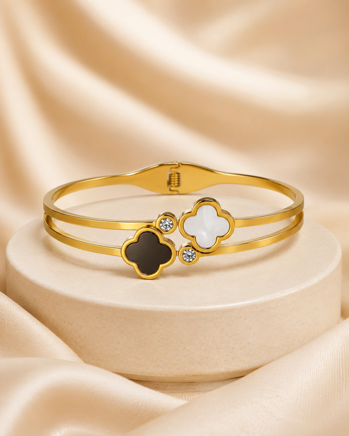 Black & White Clover Crystal Double-Band Gold-Plated Kada