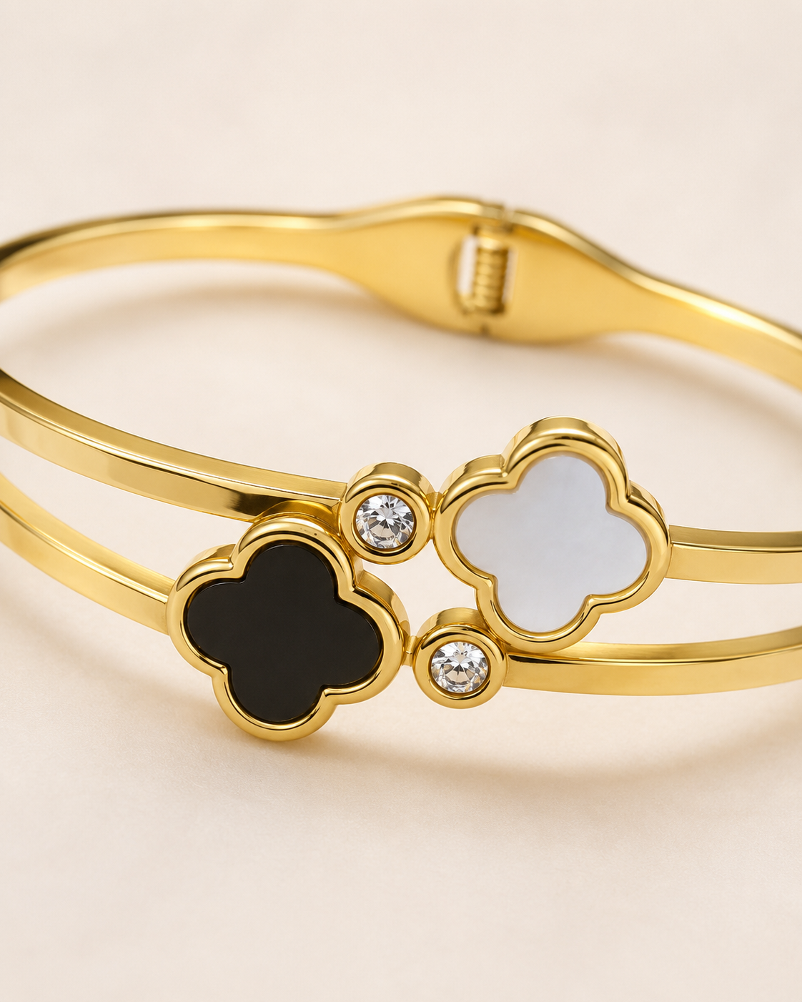 Black & White Clover Crystal Double-Band Gold-Plated Kada