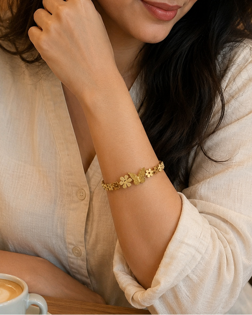 Butterfly & Daisy Floral Gold-Plated Kada
