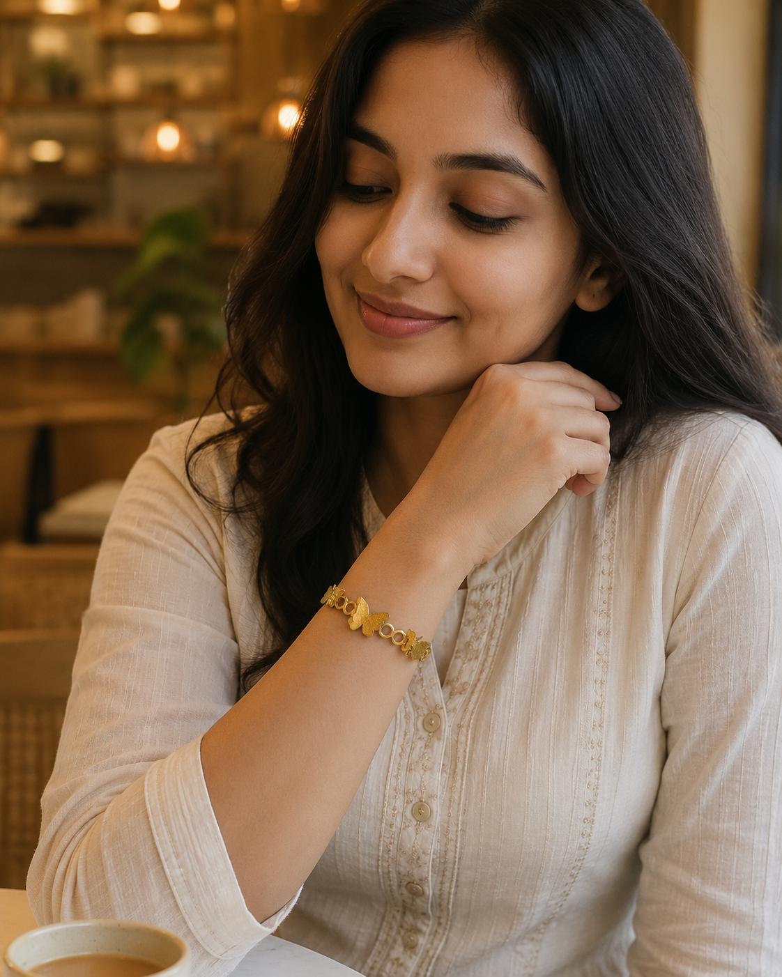 Textured Butterfly & Circle-Link Gold-Plated Kada