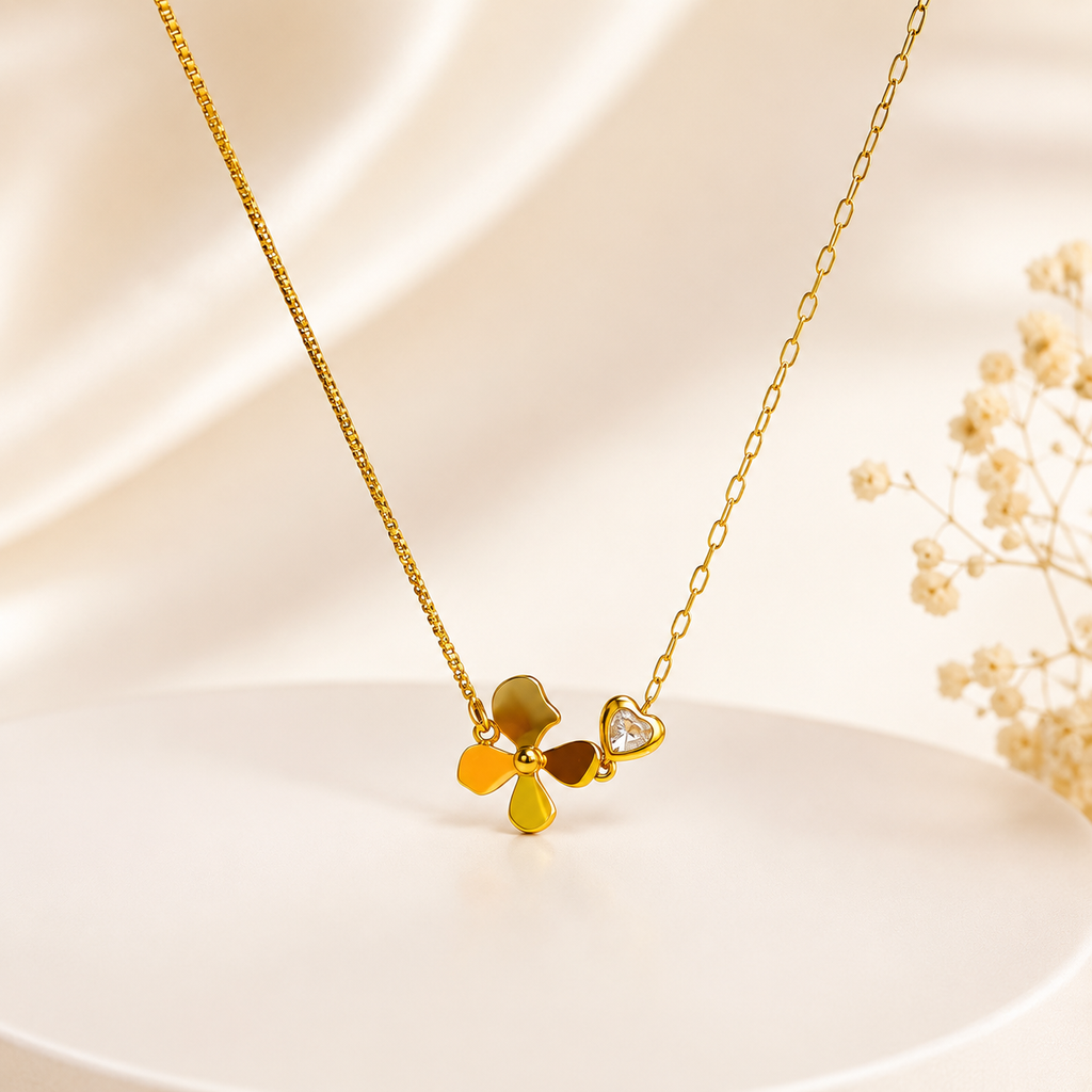 Gold-Plated Floral and Heart Crystal Asymmetrical Necklace