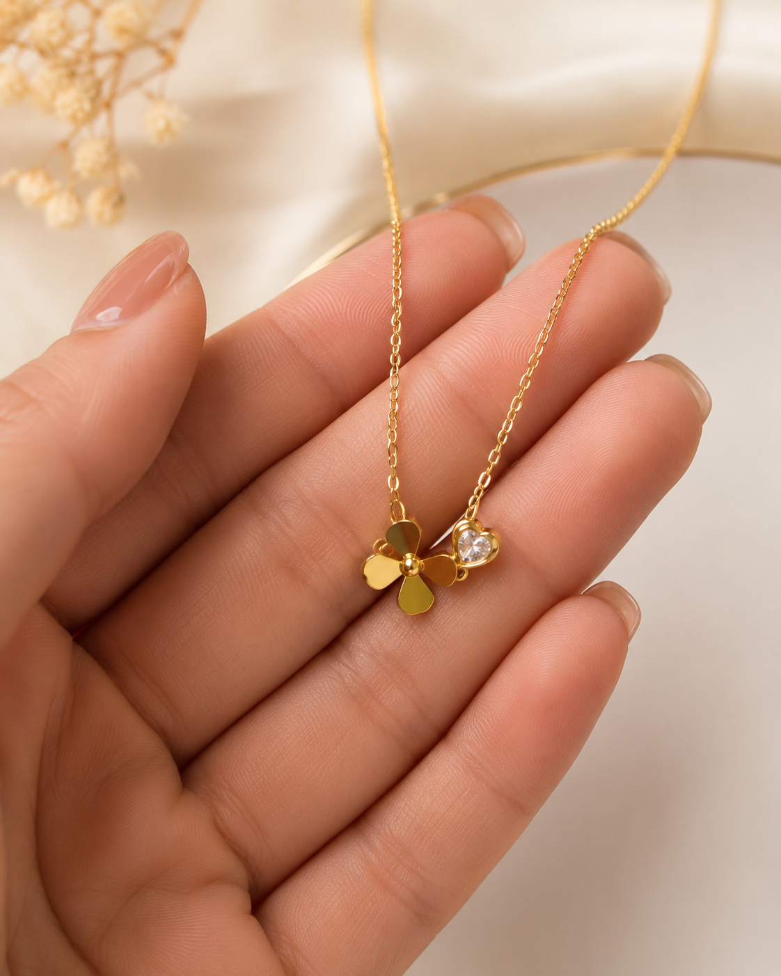 Gold-Plated Floral and Heart Crystal Asymmetrical Necklace