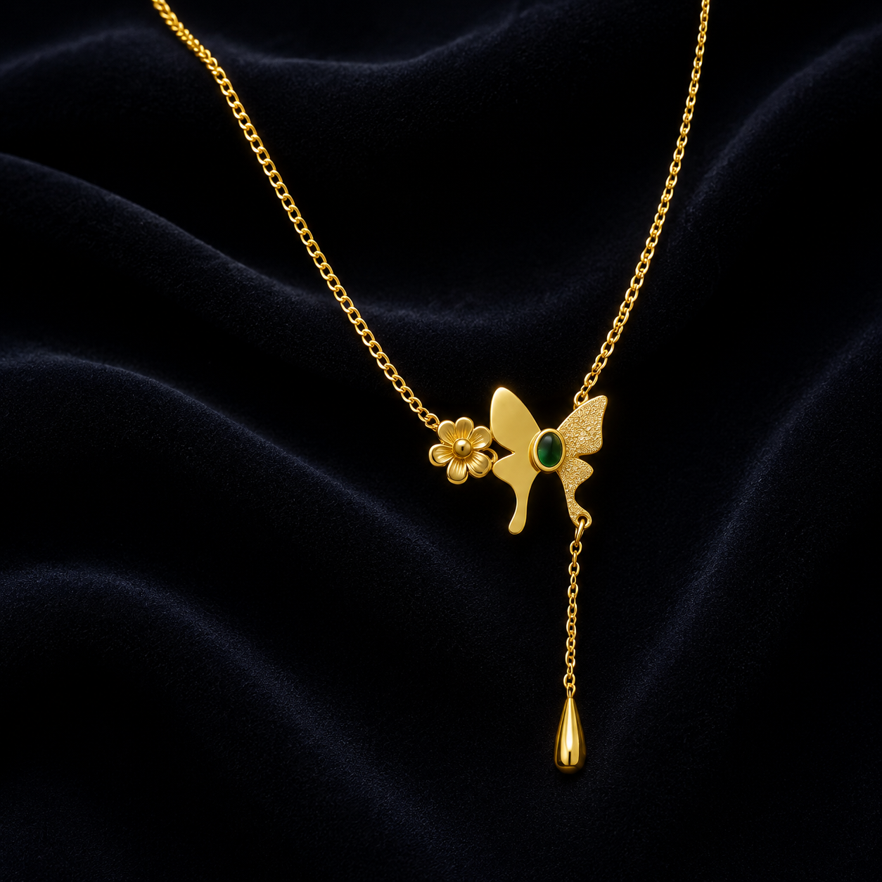 Gold-Plated Butterfly and Floral Drop Necklace with Green Stone