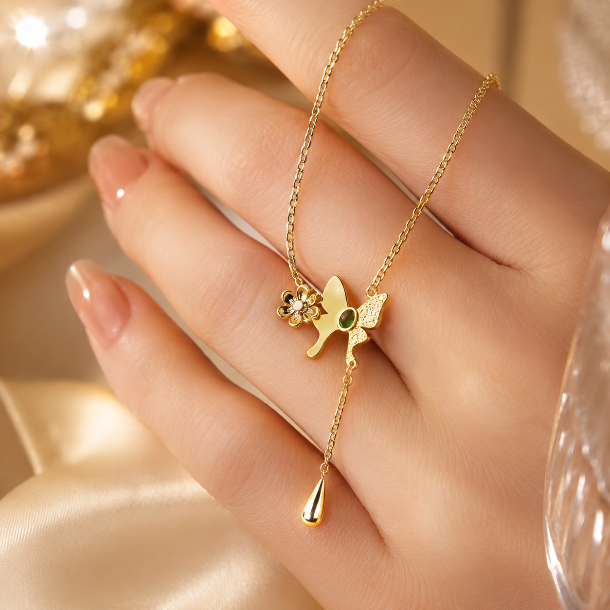 Gold-Plated Butterfly and Floral Drop Necklace with Green Stone