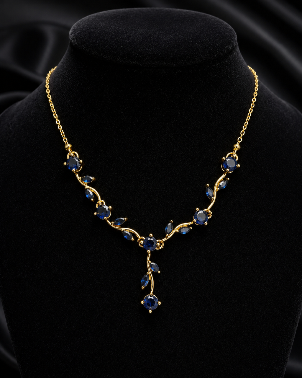 Gold-Plated Blue Crystal Leaf Vine Drop Necklace