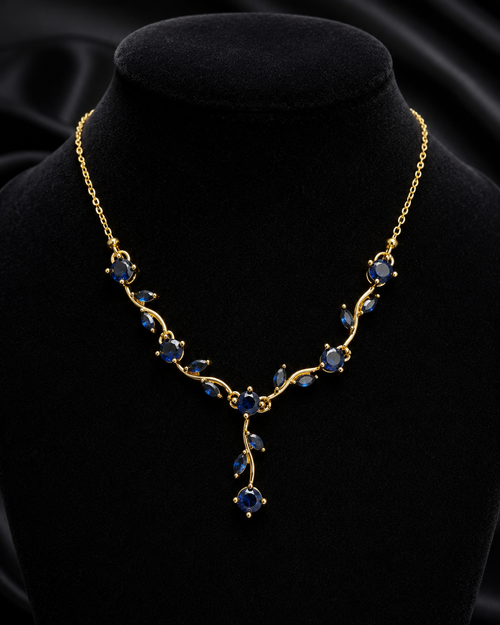 Gold-Plated Blue Crystal Leaf Vine Drop Necklace