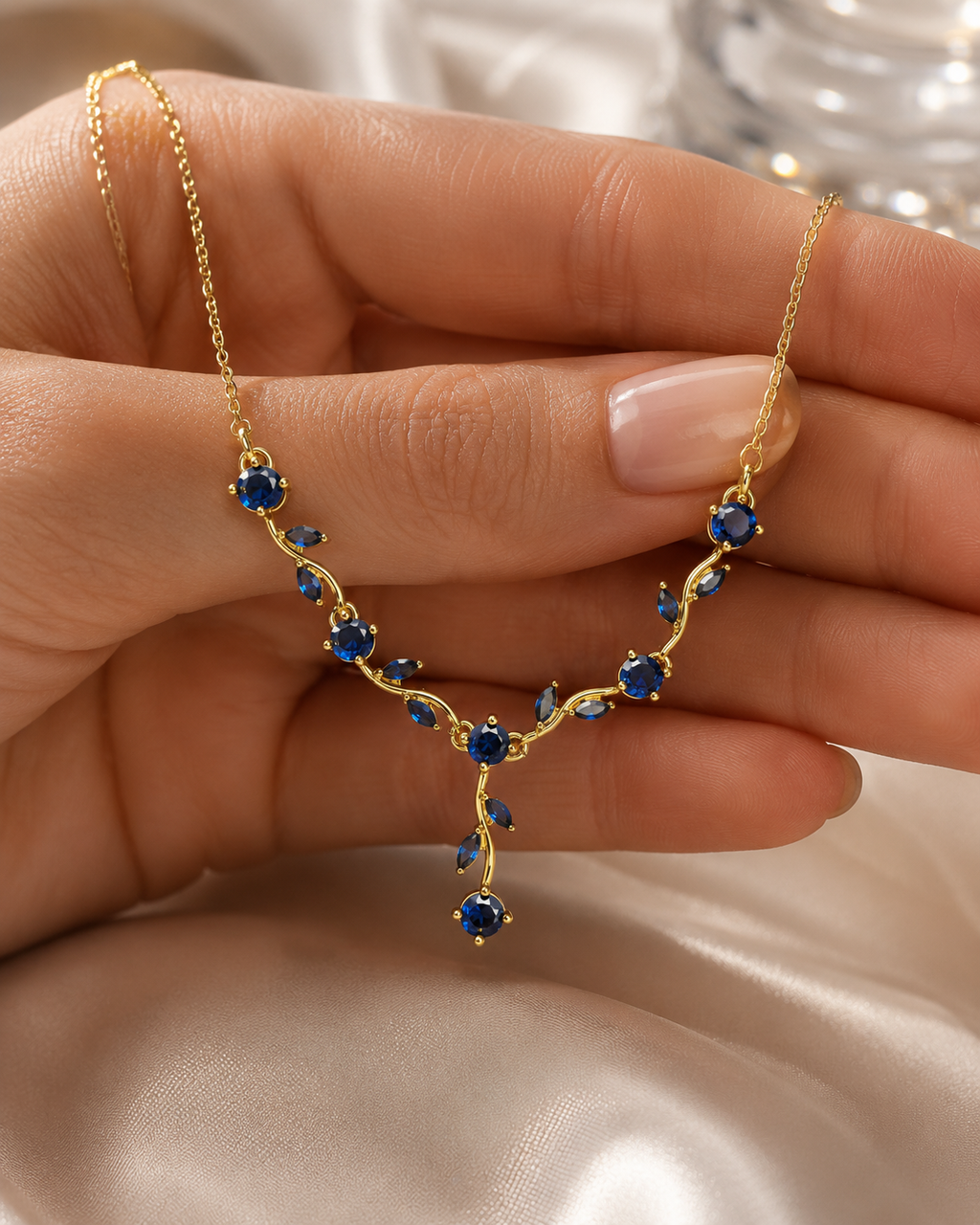 Gold-Plated Blue Crystal Leaf Vine Drop Necklace