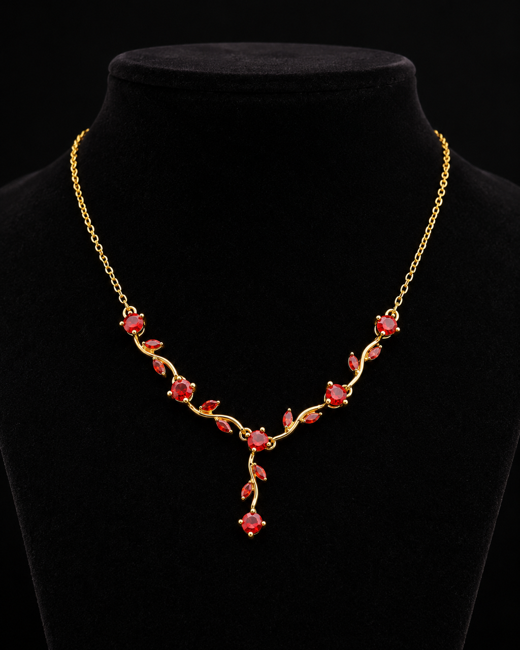 Gold-Plated Red Crystal Leaf Vine Drop Necklace
