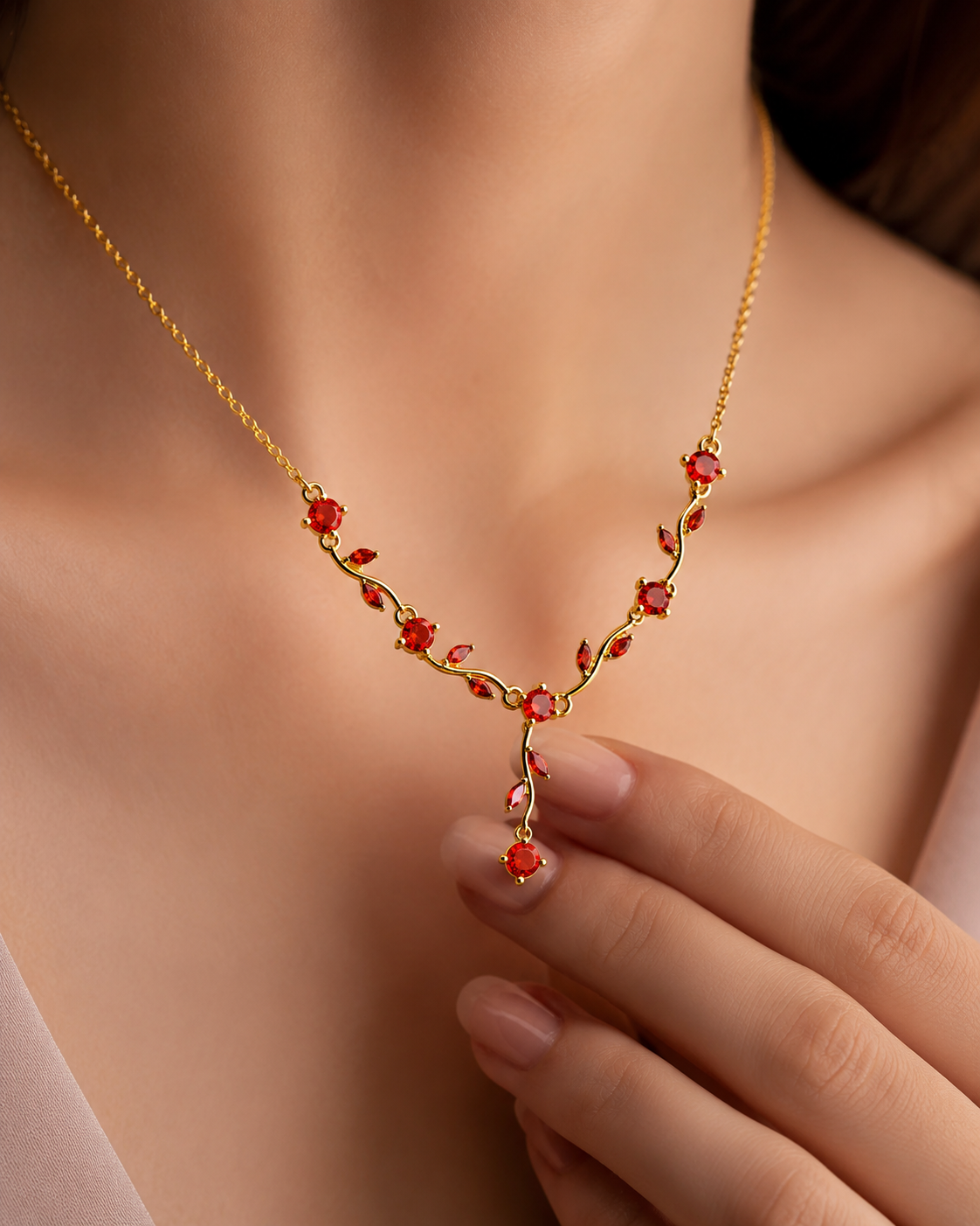 Gold-Plated Red Crystal Leaf Vine Drop Necklace