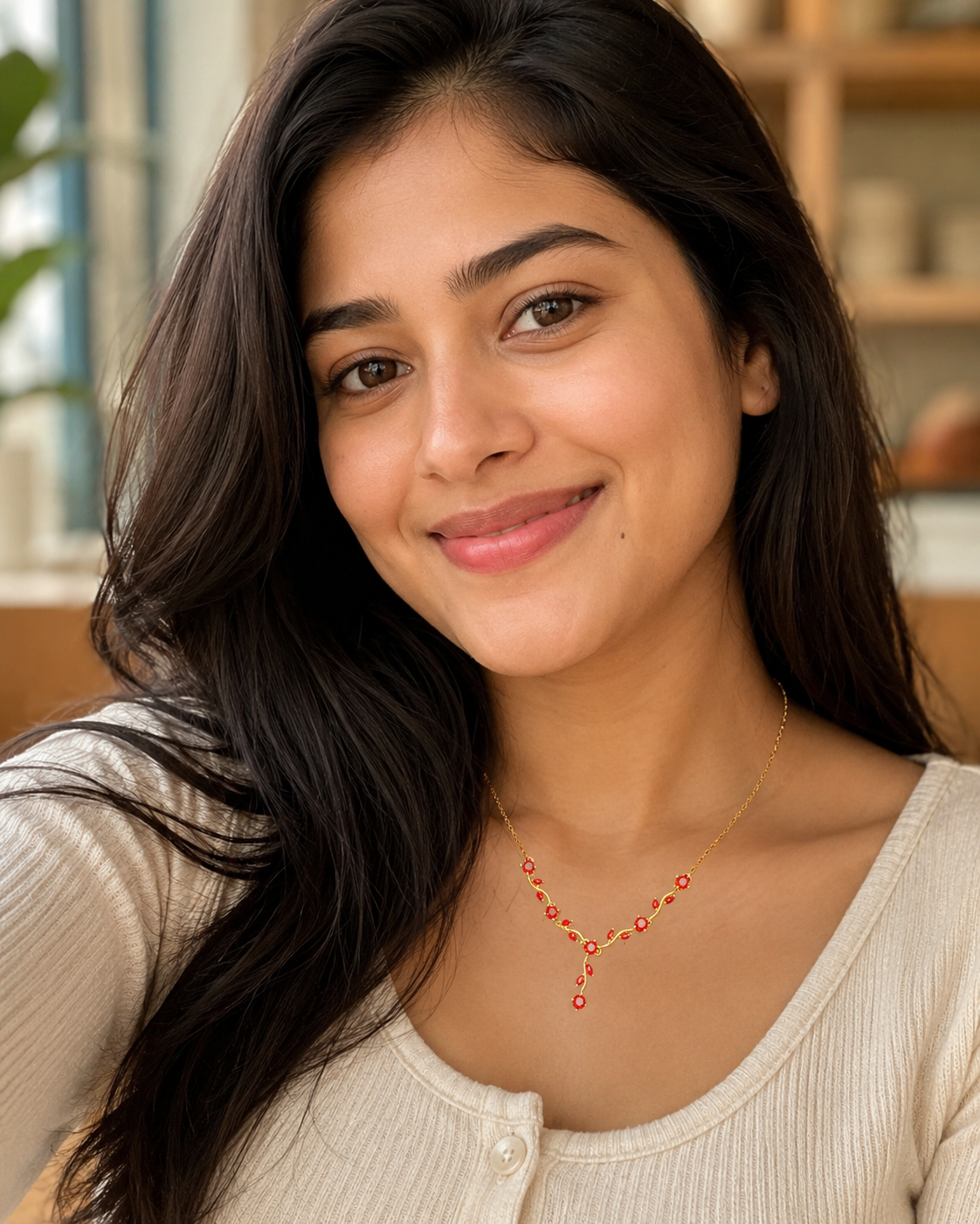 Gold-Plated Red Crystal Leaf Vine Drop Necklace