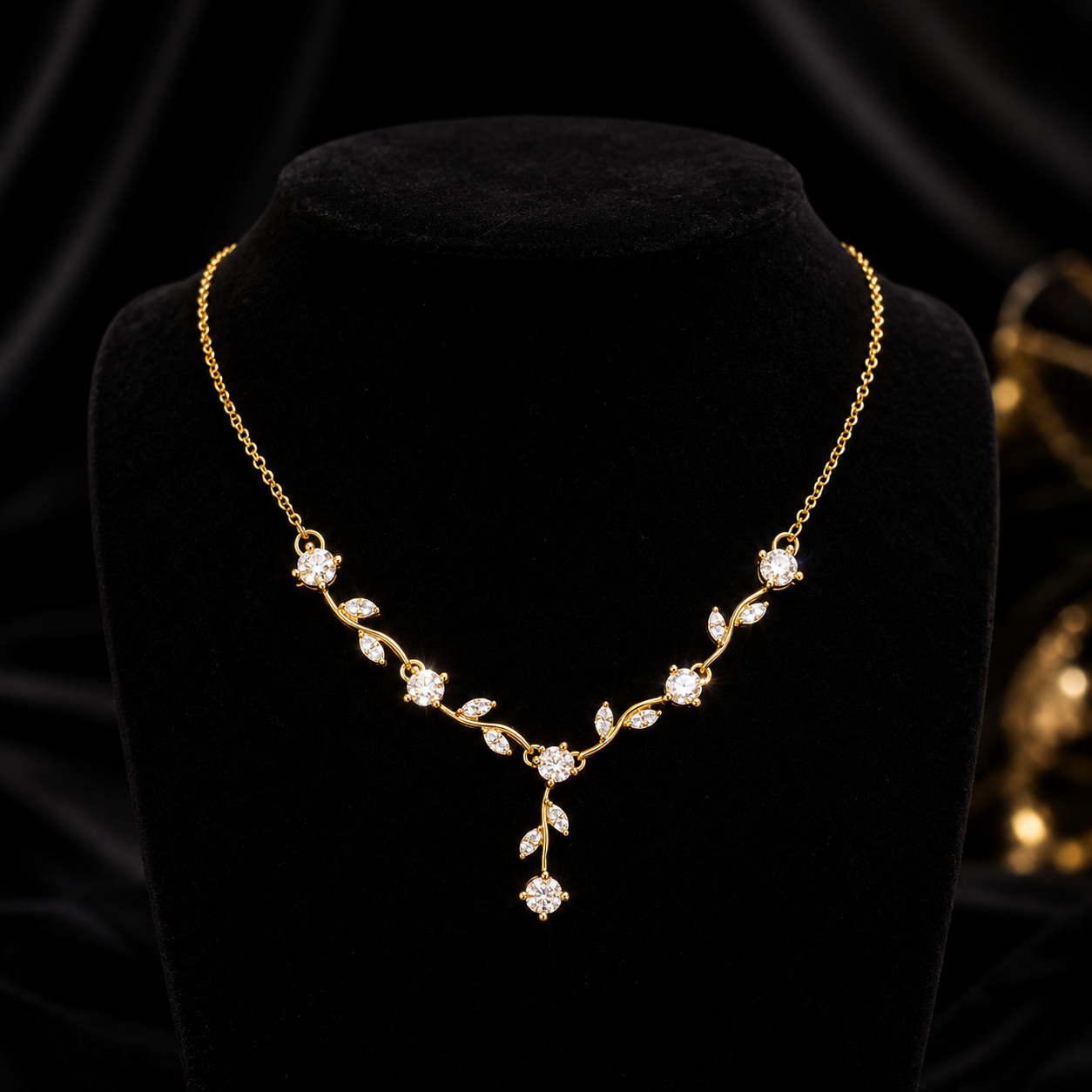Gold-Plated White Crystal Leaf Vine Drop Necklace