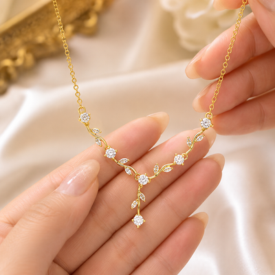 Gold-Plated White Crystal Leaf Vine Drop Necklace
