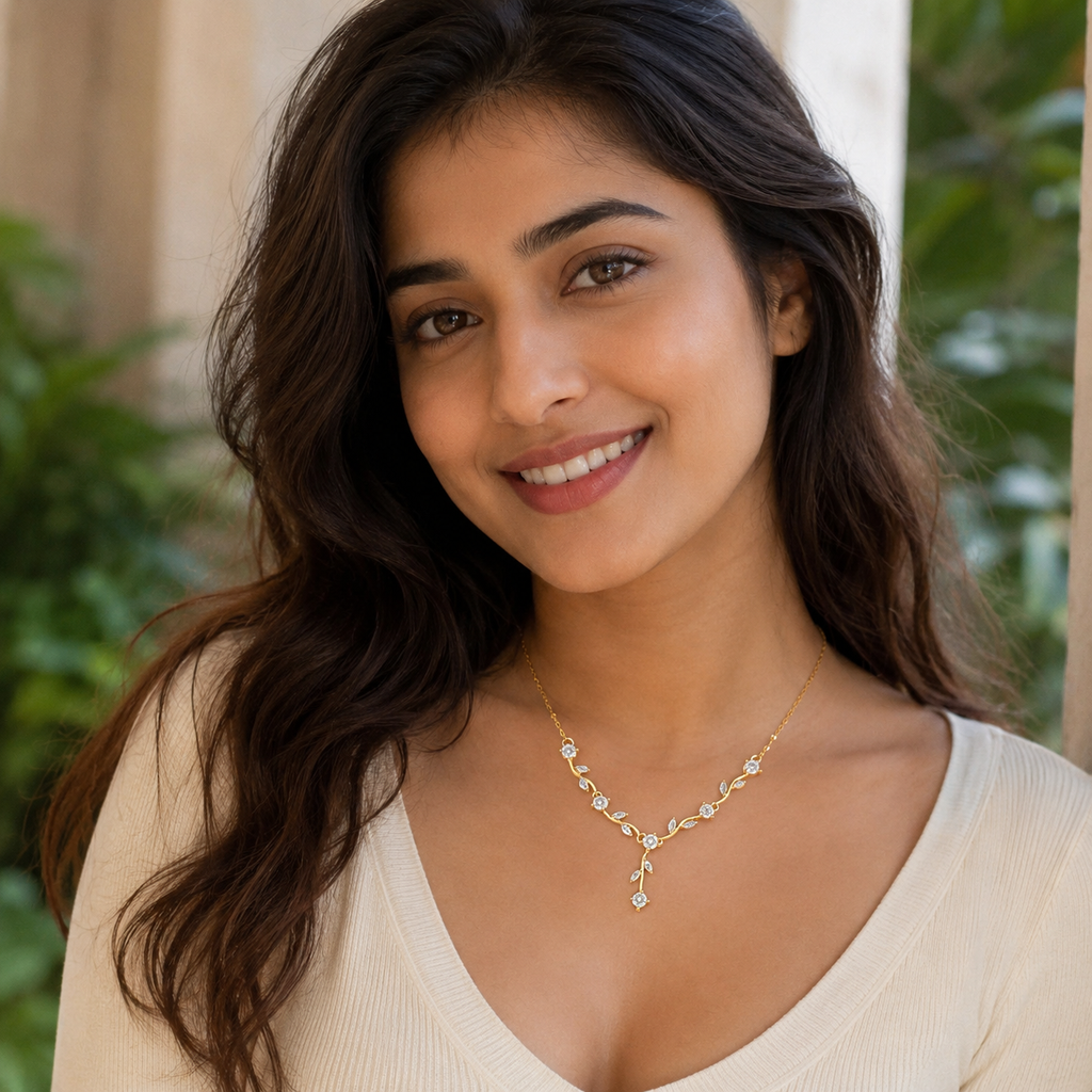 Gold-Plated White Crystal Leaf Vine Drop Necklace