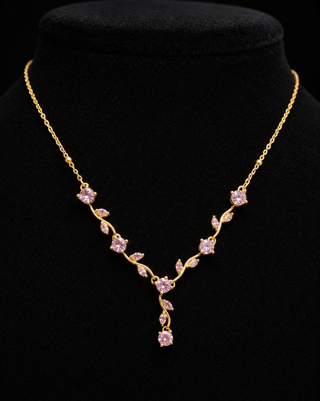 Gold-Plated Pink Crystal Leaf Vine Drop Necklace