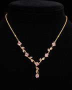 Gold-Plated Pink Crystal Leaf Vine Drop Necklace