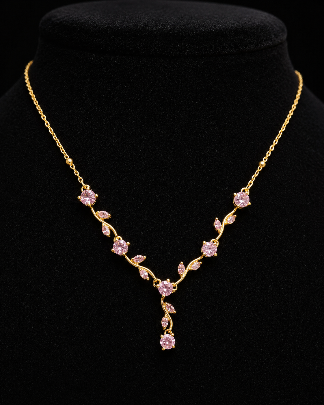 Gold-Plated Pink Crystal Leaf Vine Drop Necklace