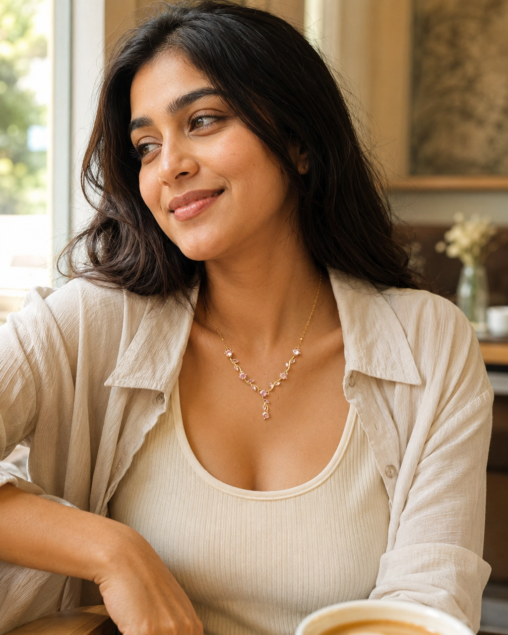 Gold-Plated Pink Crystal Leaf Vine Drop Necklace