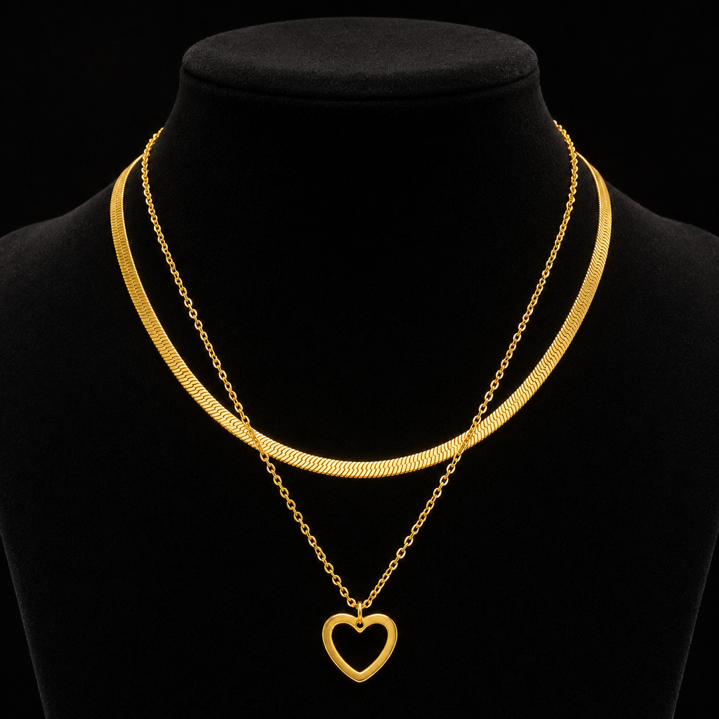 Gold-Plated Layered Herringbone Chain and Open Heart Pendant Necklace