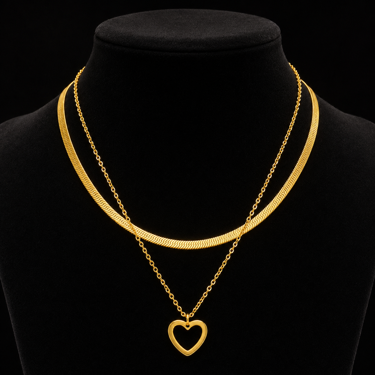 Gold-Plated Layered Herringbone Chain and Open Heart Pendant Necklace