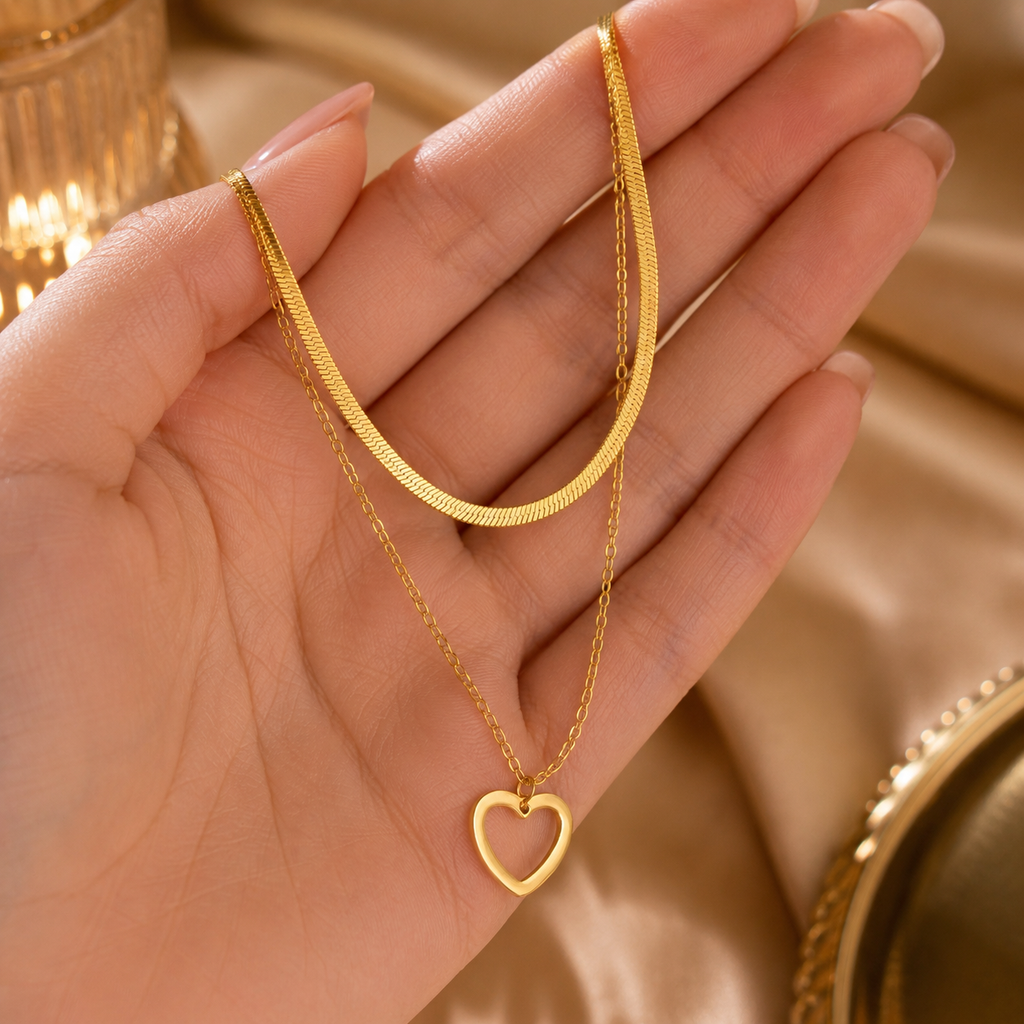 Gold-Plated Layered Herringbone Chain and Open Heart Pendant Necklace